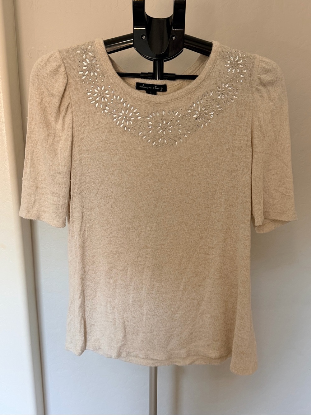 Short Sleeve Embellished Cream Sweater Top by A Love Story